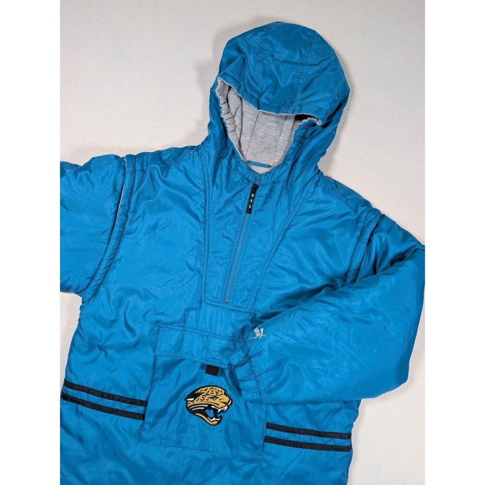 Vintage Puma Jacksonville Jaguars 1/4 Zip Hoodie Jacket Teal Nylon Youth XL Puff
